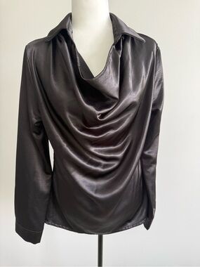 Satin Draped Cowl Neck Blouse - Black